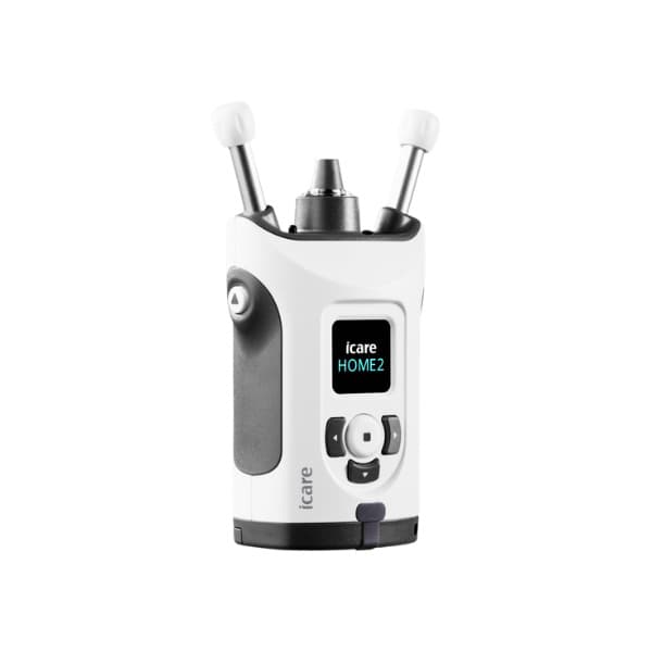 iCare HOME2 tonometer device shown on a clean clinical surface