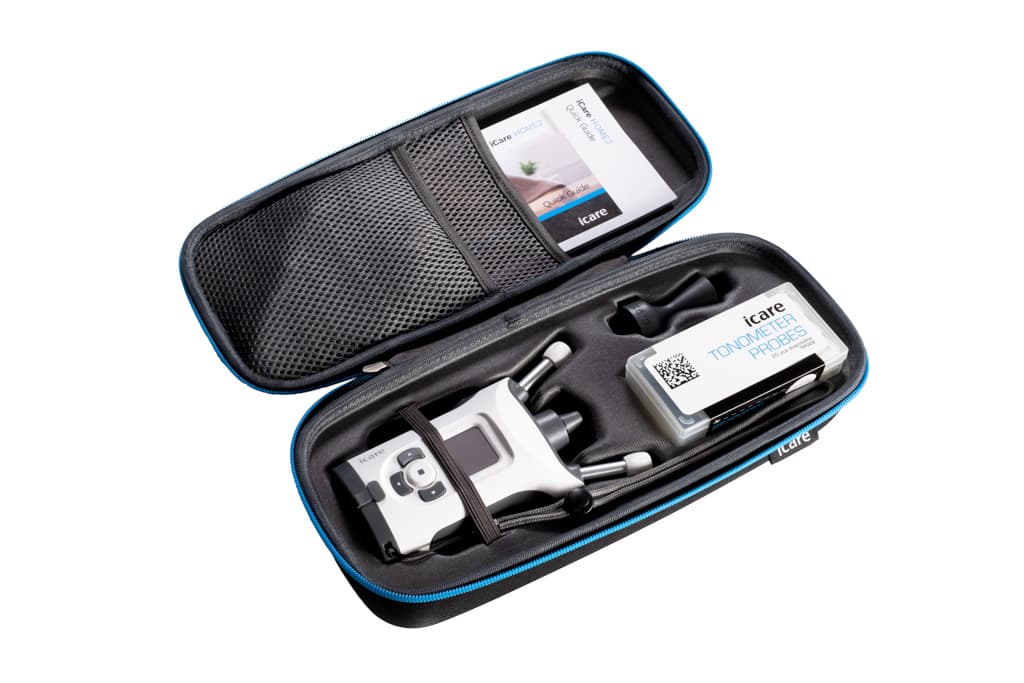 iCare HOME2 rental kit: tonometer, tonometer probes, quick start guide, and protective carry case
